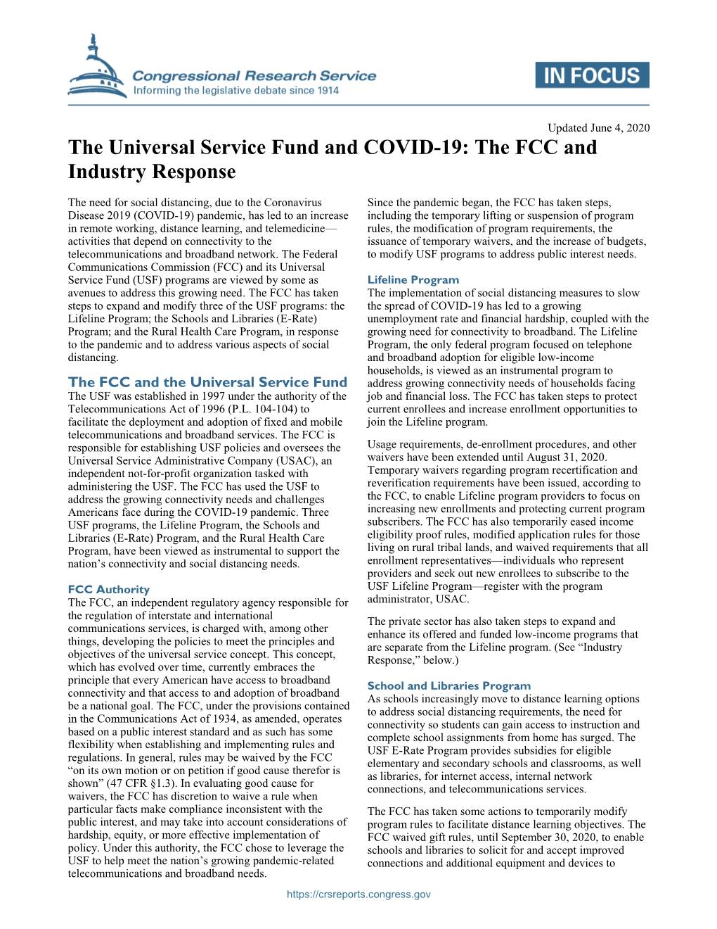 The Universal Service Fund and COVID-19: the FCC and Industry Response