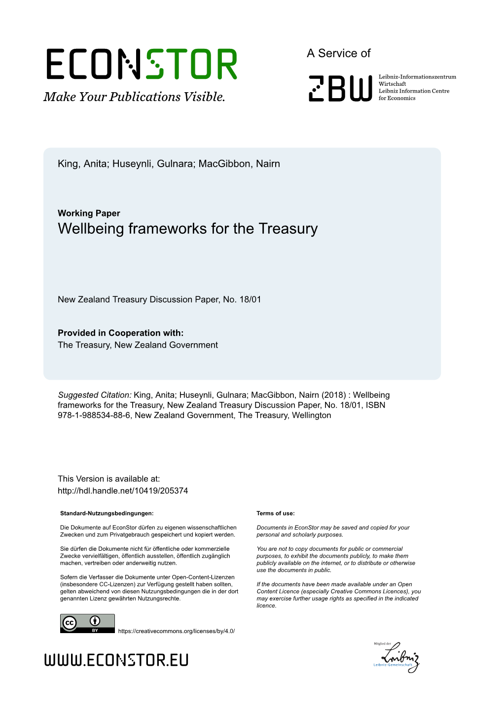 Discussion Paper: Wellbeing Frameworks for the Treasury (18/01)