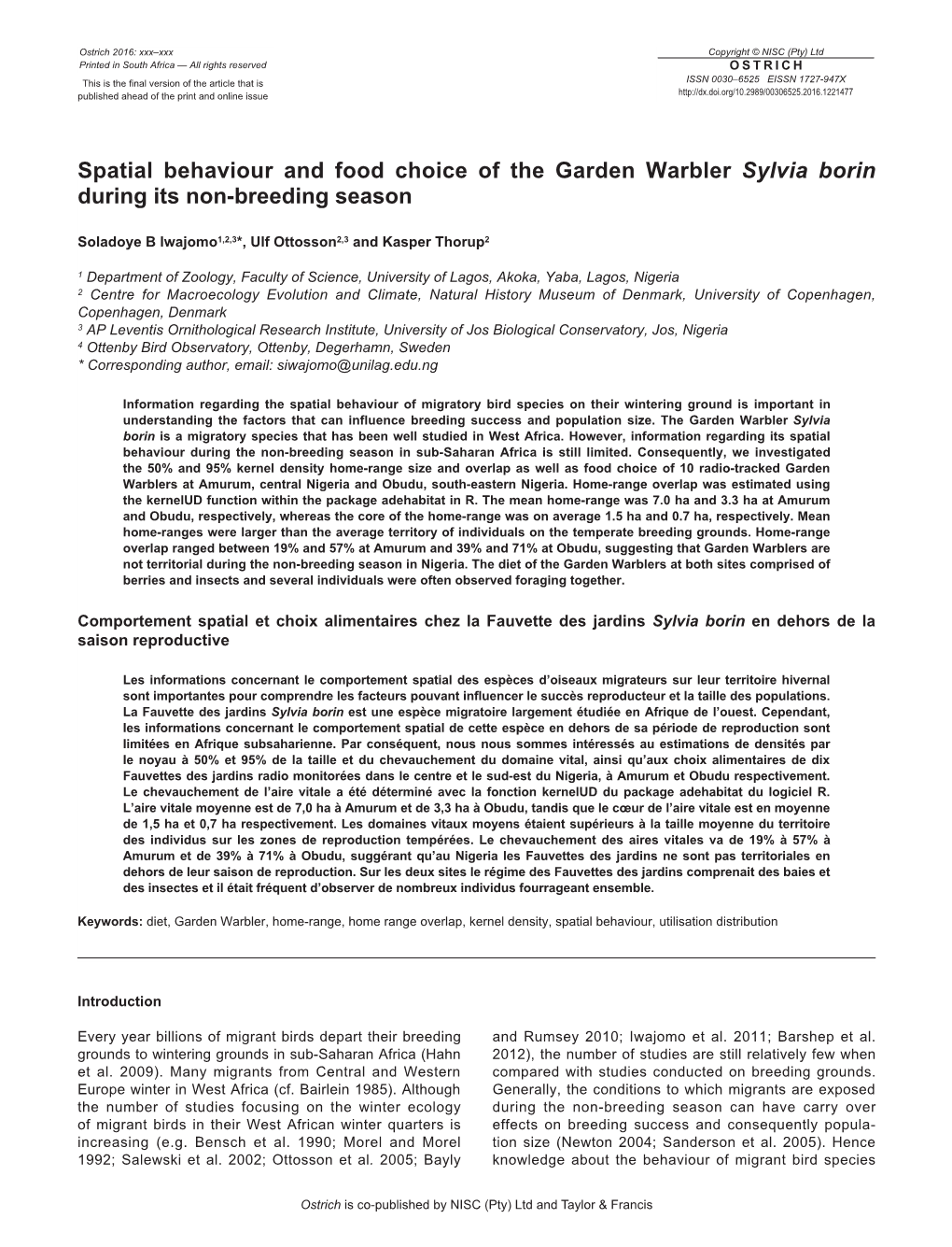 Spatial Behaviour and Food Choice of the Garden Warbler Sylvia Borin During Its Non-Breeding Season