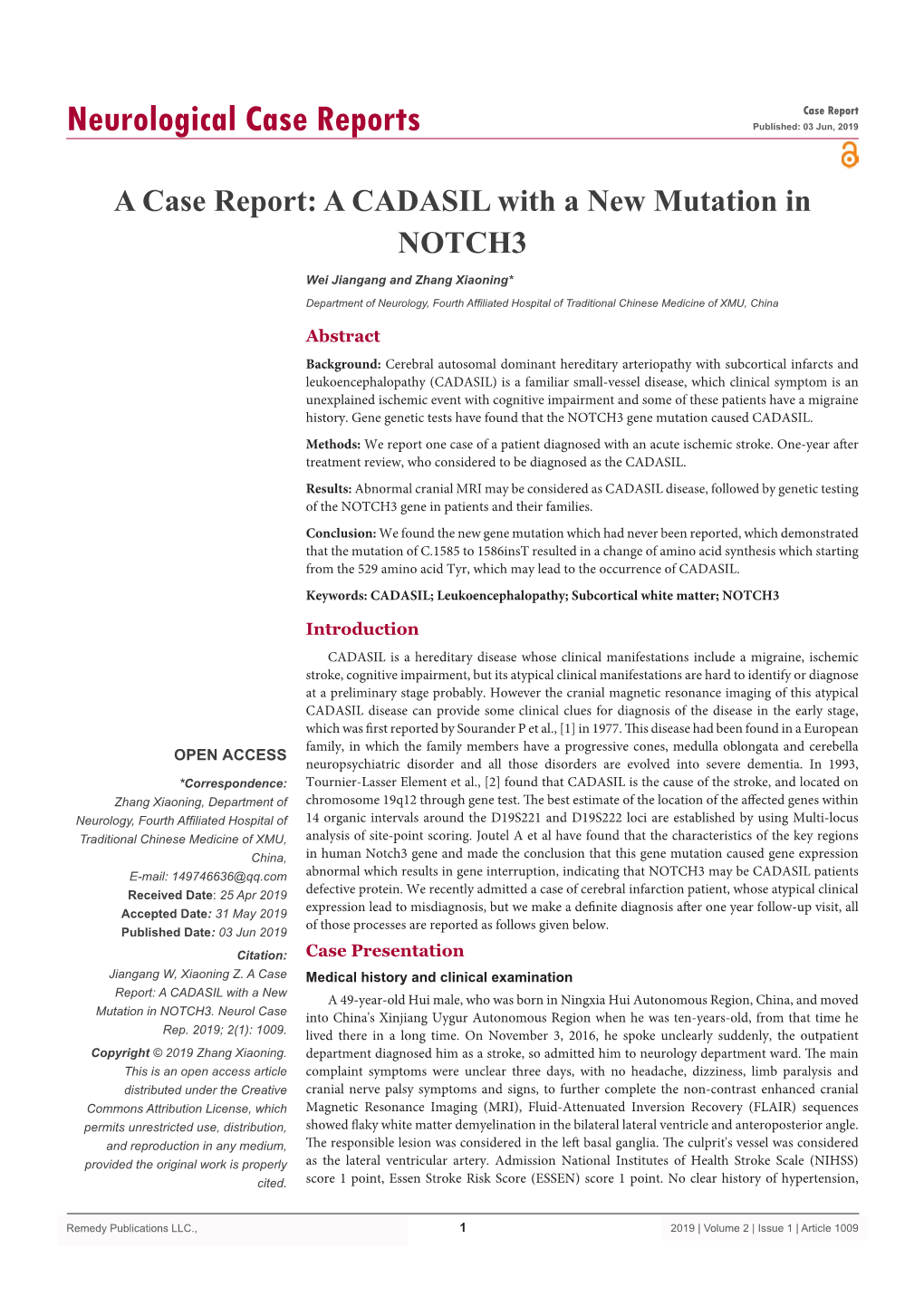 A Case Report: a CADASIL with a New Mutation in NOTCH3