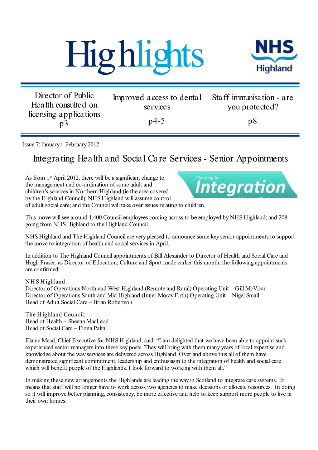 Integrating Health and Social Care Services - Senior Appointments