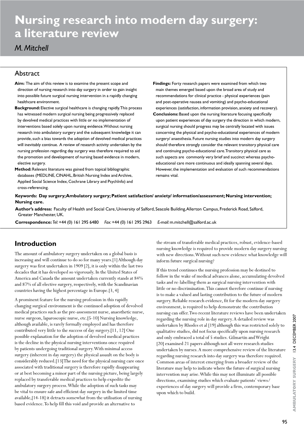 Nursing Research Into Modern Day Surgery: a Literature Review M