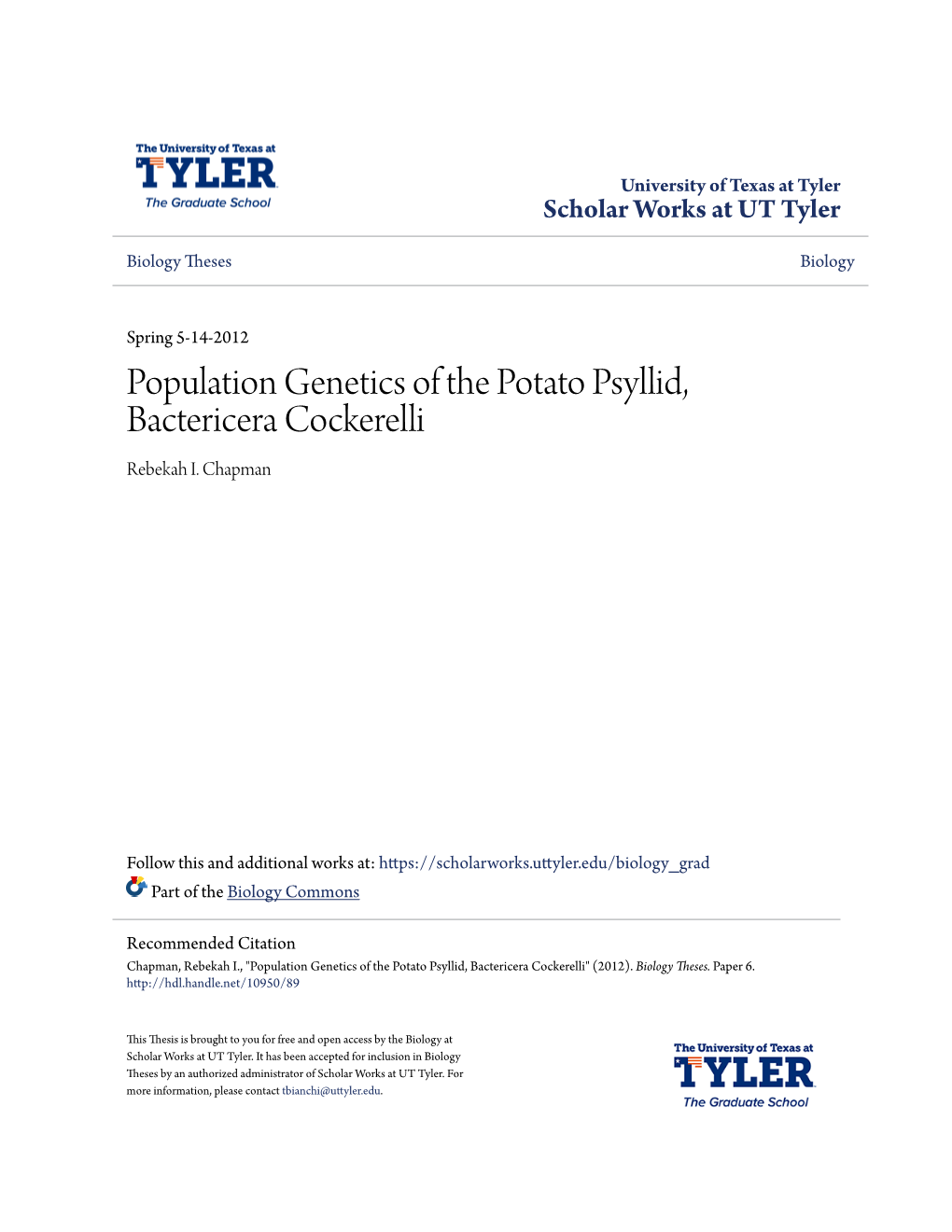 Population Genetics of the Potato Psyllid, Bactericera Cockerelli Rebekah I