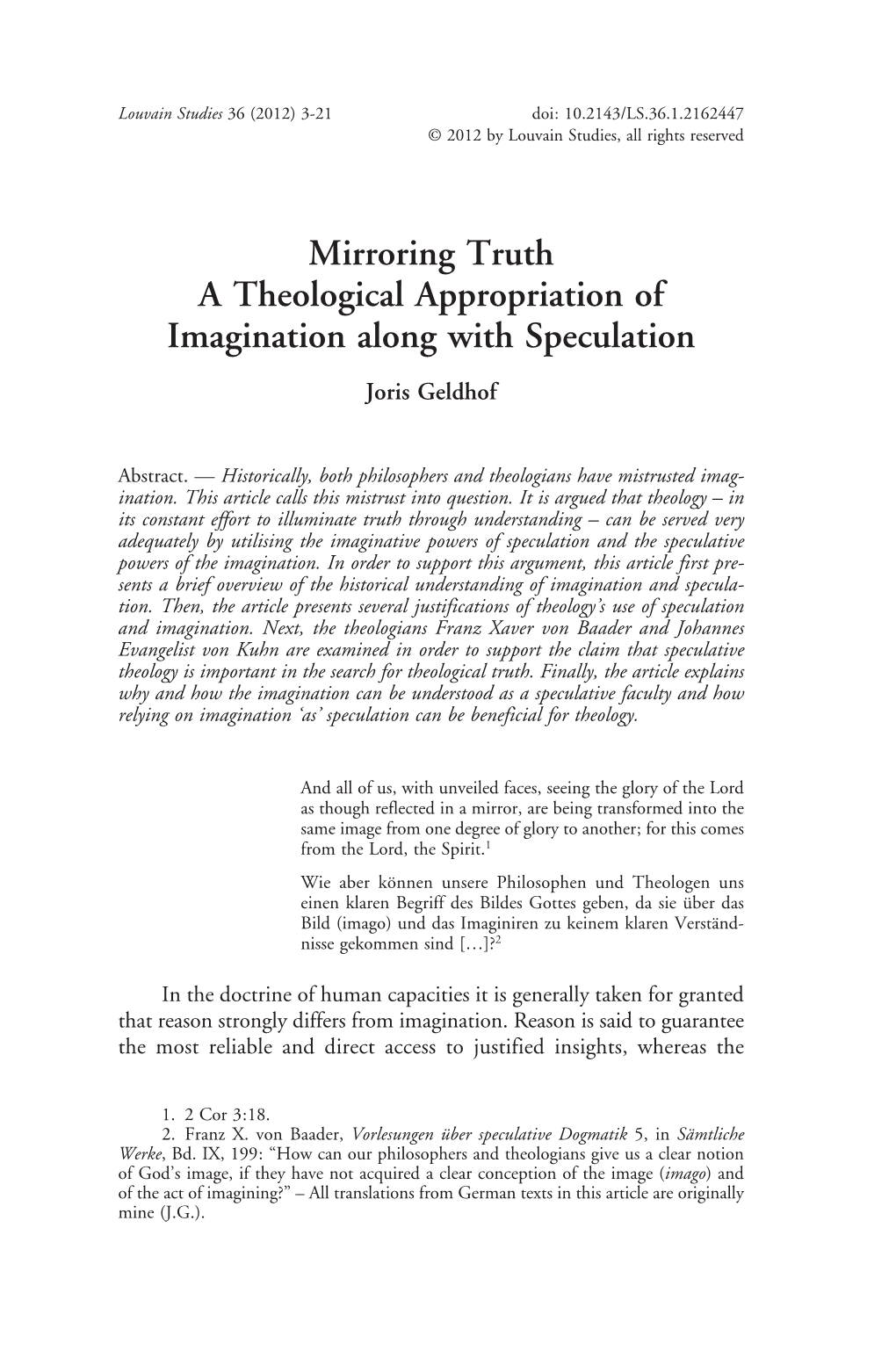 Mirroring Truth a Theological Appropriation of Imagination Along with Speculation Joris Geldhof