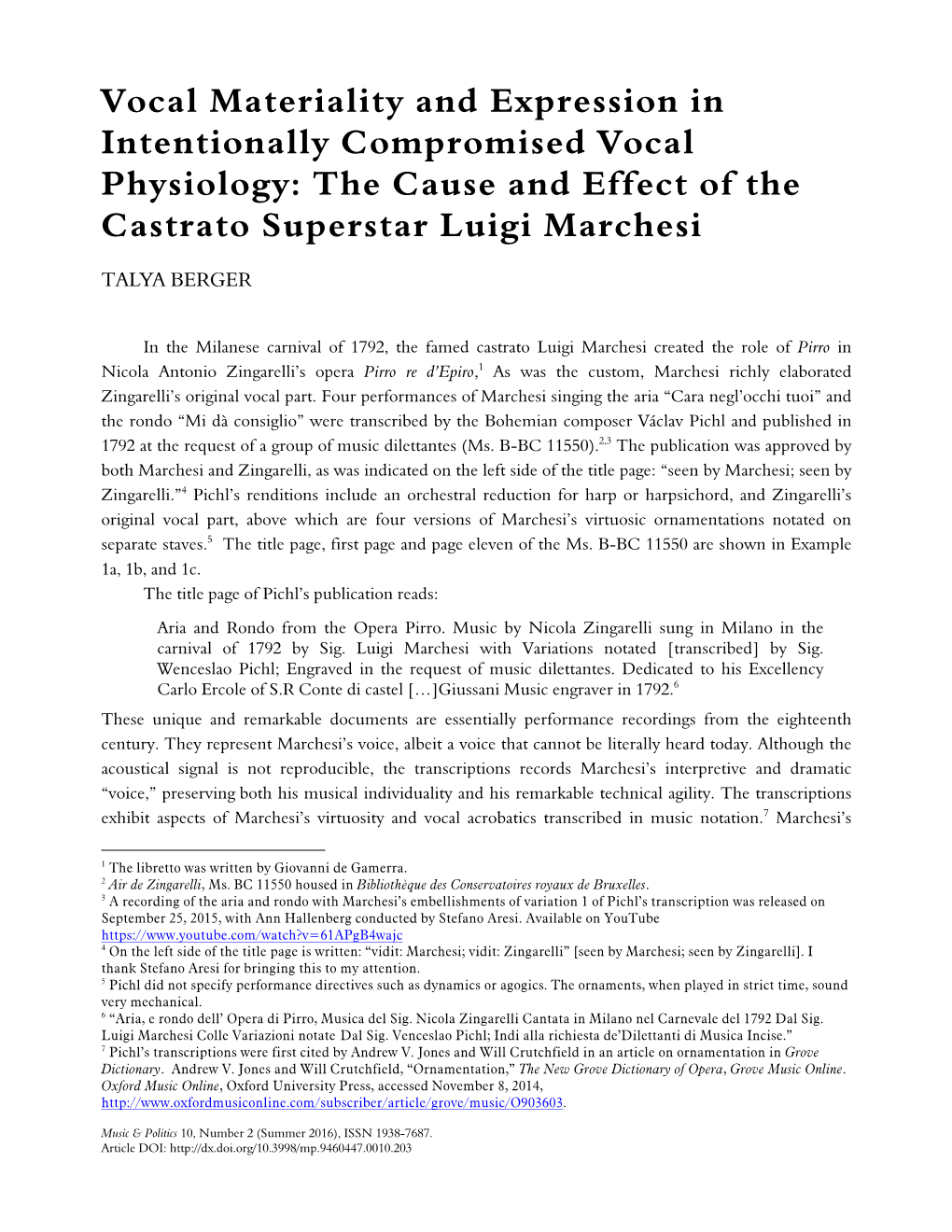 Vocal Materiality and Expression in Intentionally Compromised Vocal Physiology: the Cause and Effect of the Castrato Superstar Luigi Marchesi