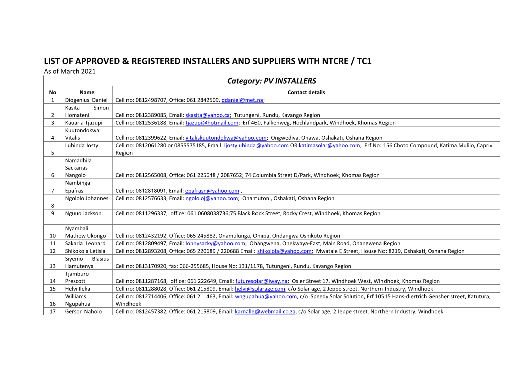 List of Approved & Registered Installers and Suppliers