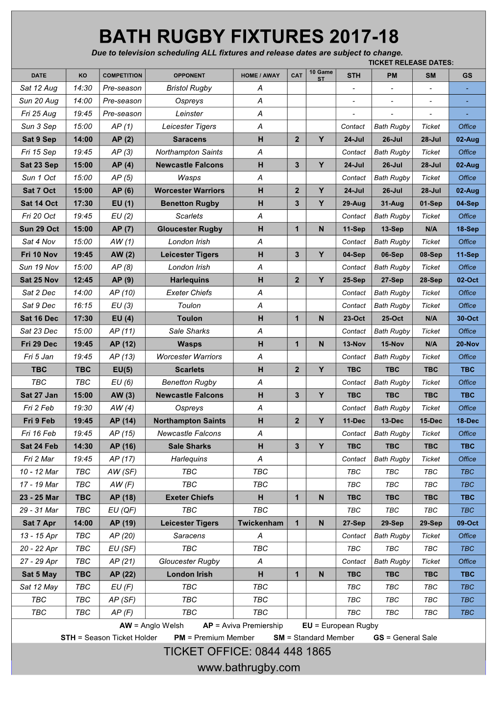 BATH RUGBY FIXTURES 2017-18 Due to Television Scheduling ALL Fixtures and Release Dates Are Subject to Change