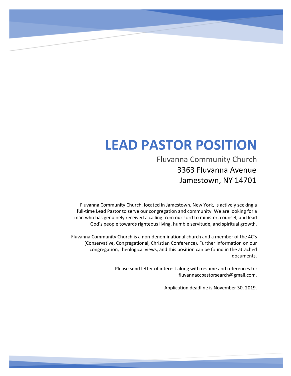 LEAD PASTOR POSITION Fluvanna Community Church 3363 Fluvanna Avenue Jamestown, NY 14701