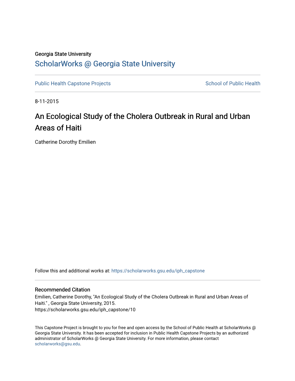 An Ecological Study of the Cholera Outbreak in Rural and Urban Areas of Haiti