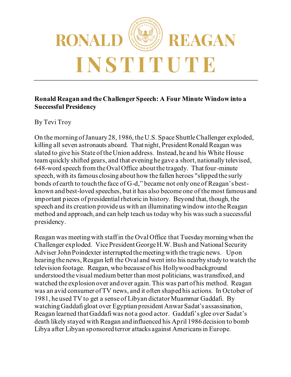 Ronald Reagan and the Challenger Speech: a Four Minute Window Into a Successful Presidency