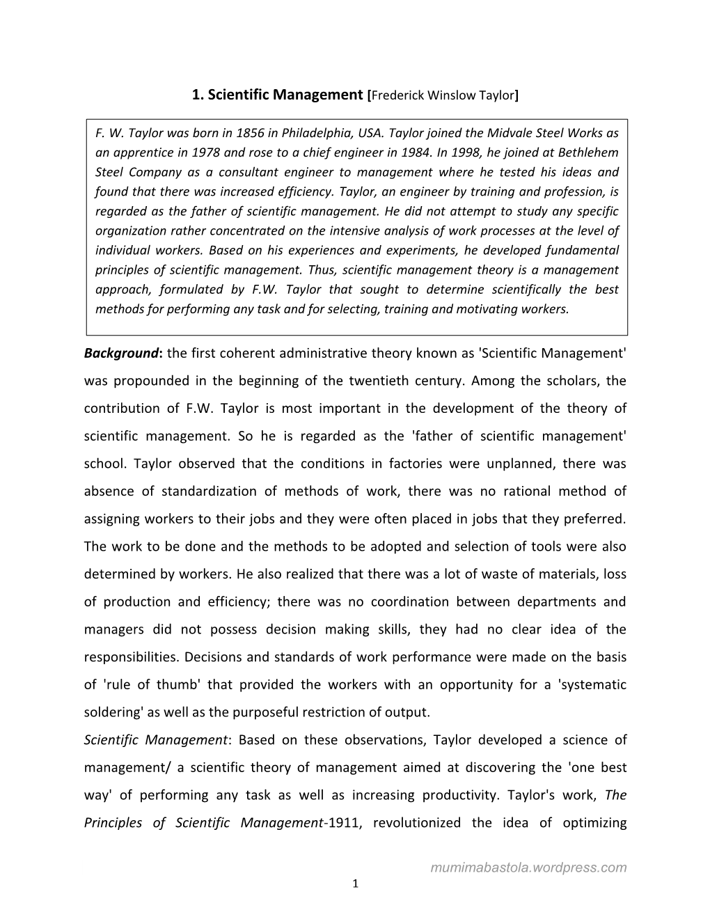 1. Scientific Management [Frederick Winslow Taylor]