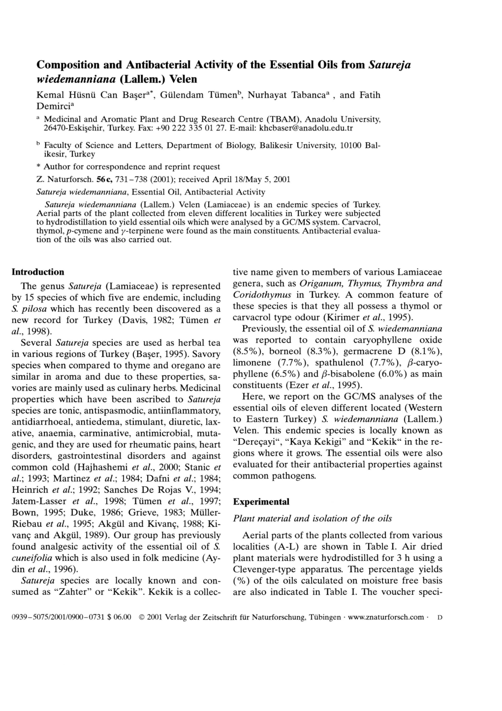 Composition and Antibacterial Activity of the Essential Oils from Satureja