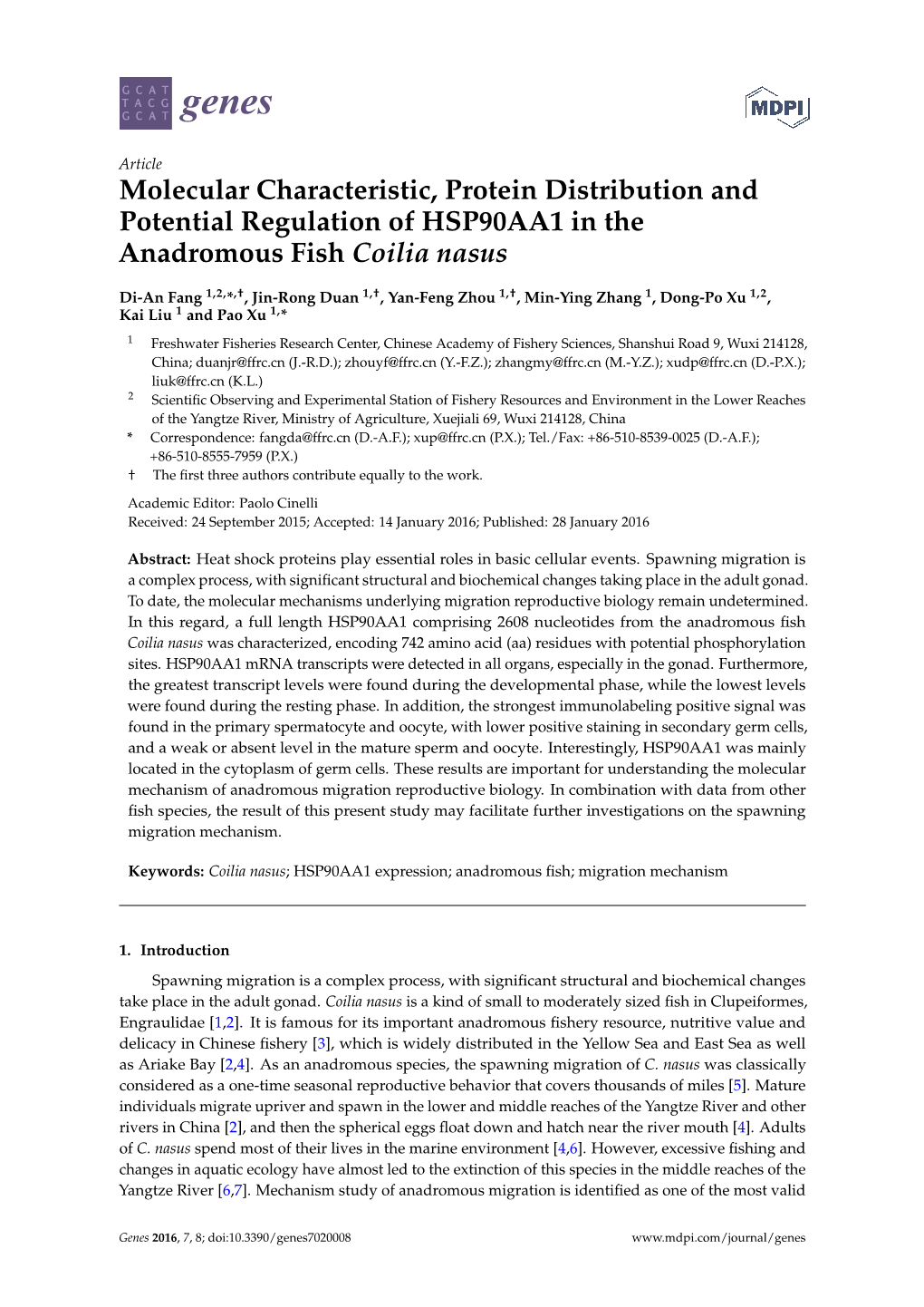 Molecular Characteristic, Protein Distribution and Potential Regulation of HSP90AA1 in the Anadromous Fish Coilia Nasus