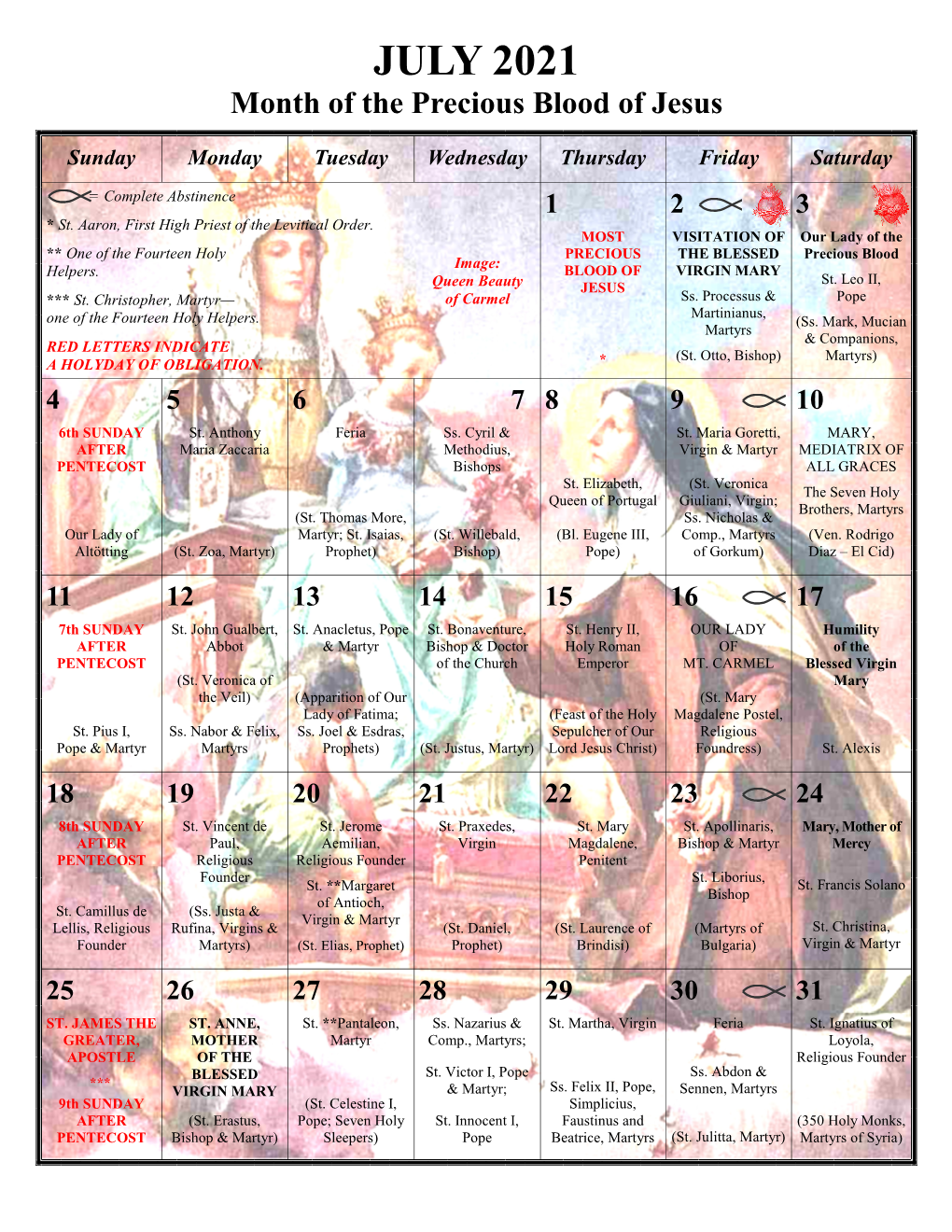 JULY 2021 Month of the Precious Blood of Jesus