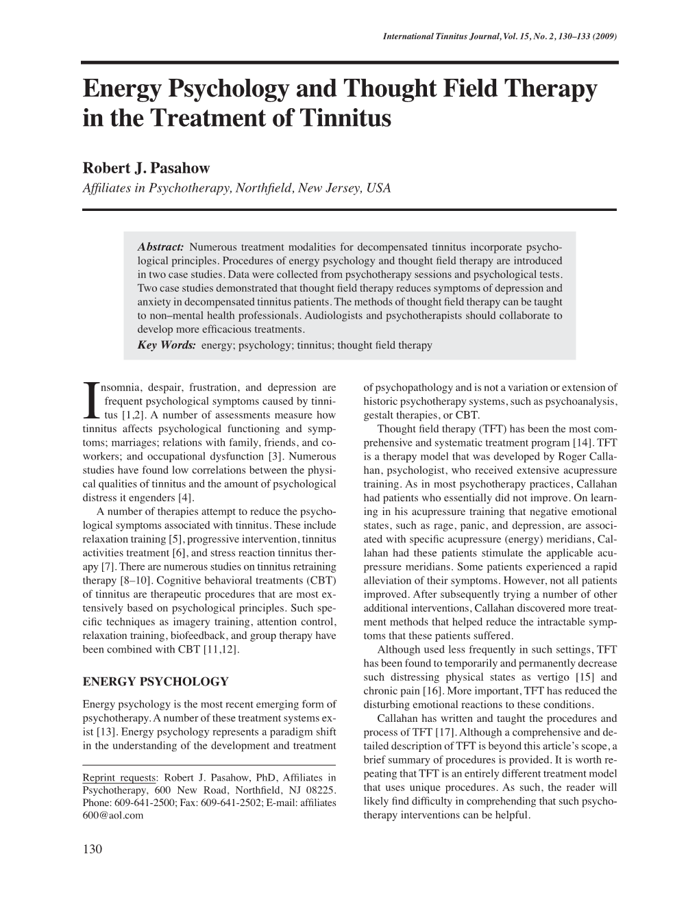 Energy Psychology and Thought Field Therapy in the Treatment of Tinnitus