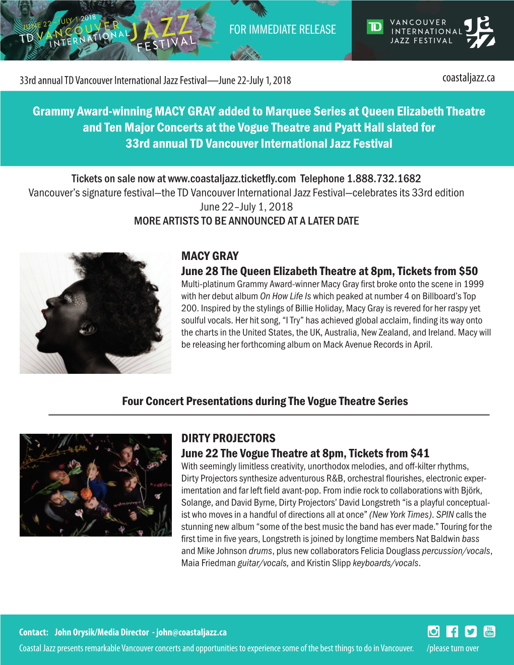 FOR IMMEDIATE RELEASE Grammy Award-Winning MACY GRAY Added