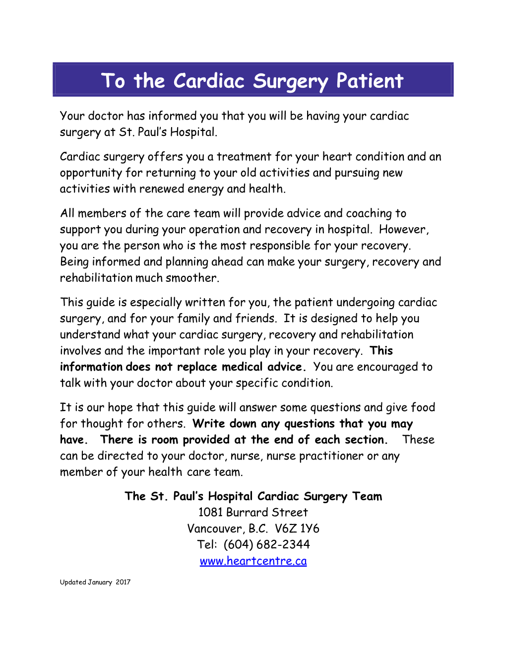 To the Cardiac Surgery Patient