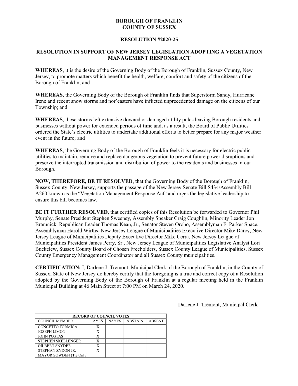 Borough of Franklin County of Sussex Resolution #2020