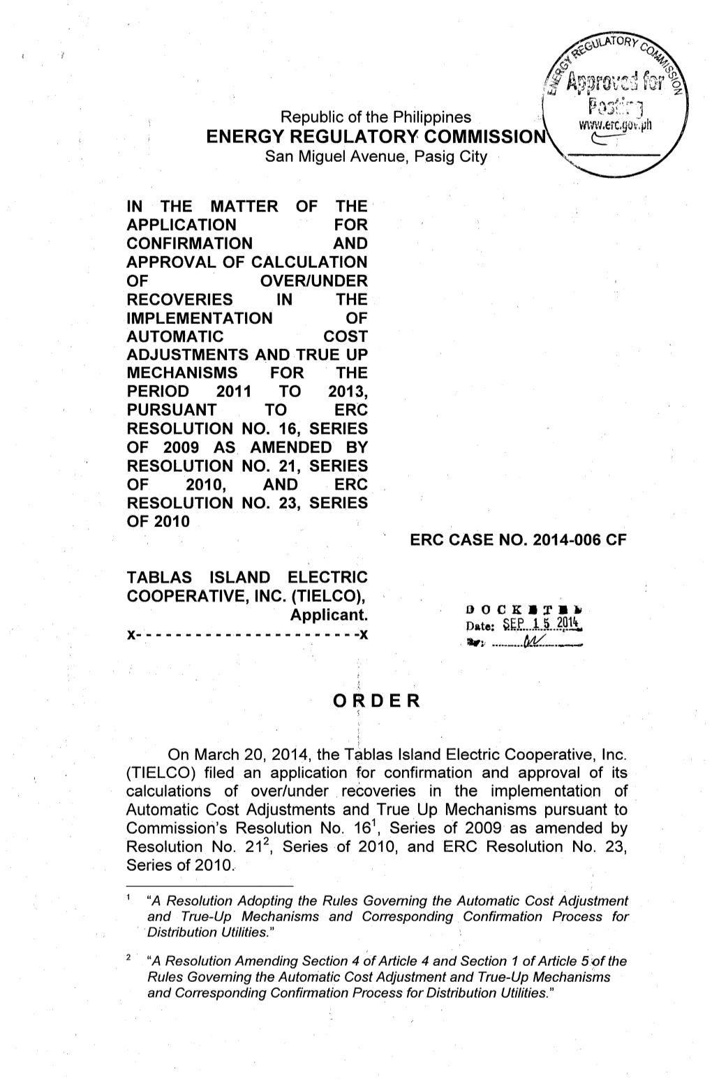 Order, ERC Case No. 2014-006 CF