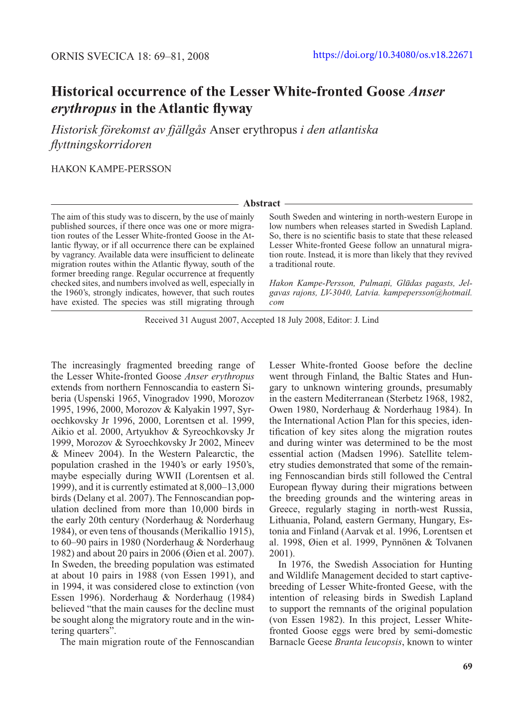 Historical Occurrence of the Lesser White-Fronted Goose Anser Erythropus in the Atlantic Flyway