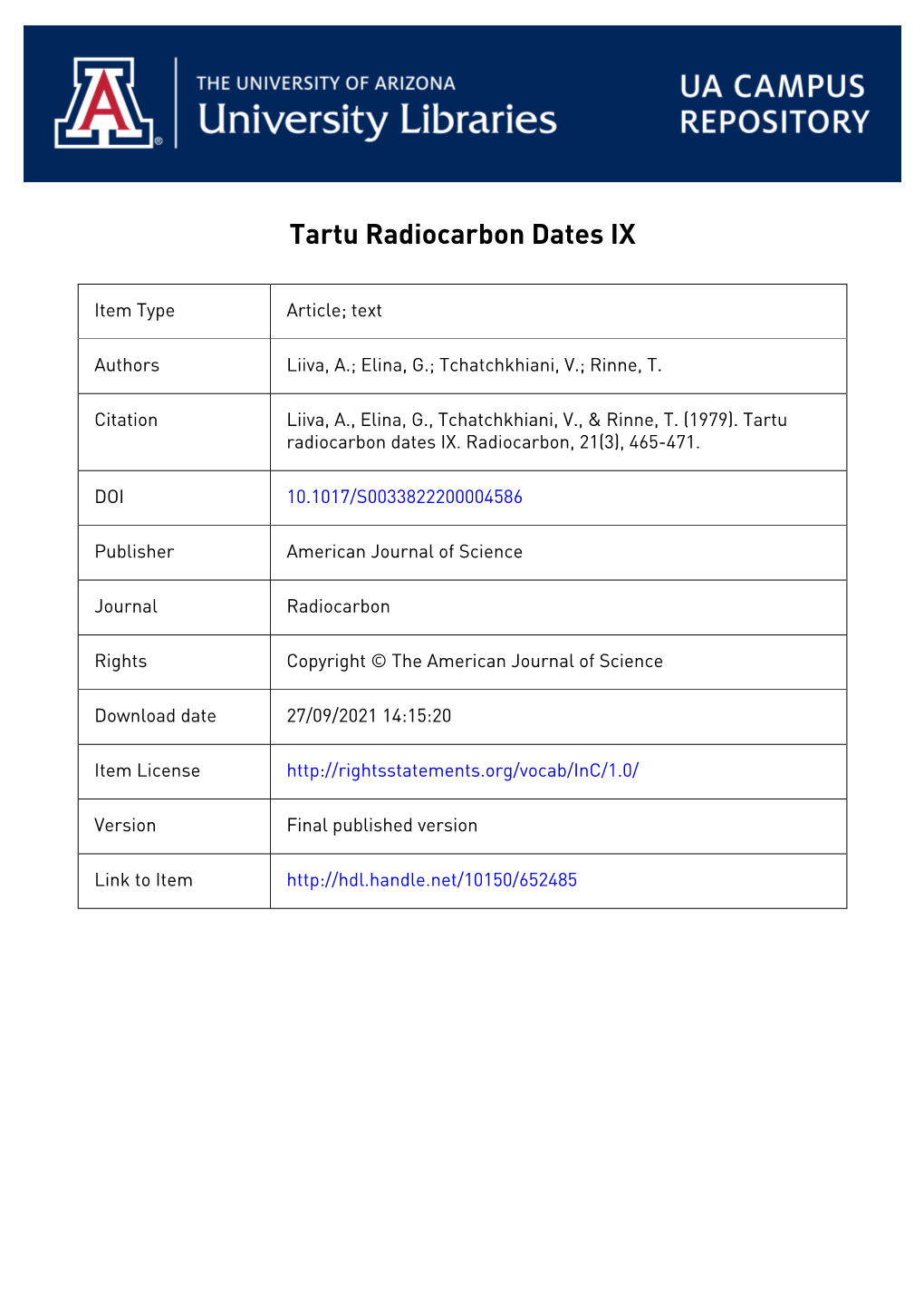 TARTU RADIOCARBON DATES IX Peat Bogs. Radiocarbon Dates Were