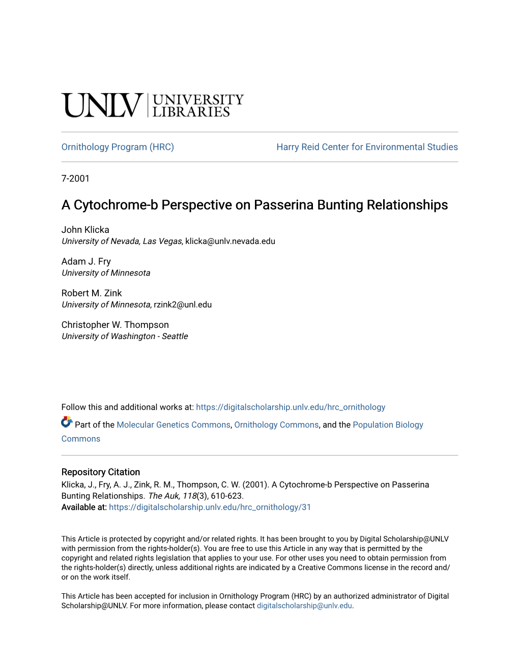 A Cytochrome-B Perspective on Passerina Bunting Relationships