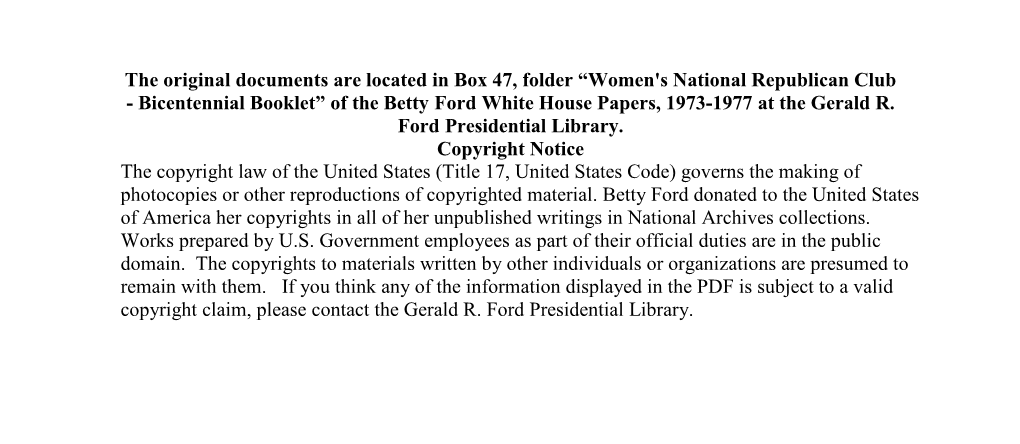 Women's National Republican Club - Bicentennial Booklet” of the Betty Ford White House Papers, 1973-1977 at the Gerald R