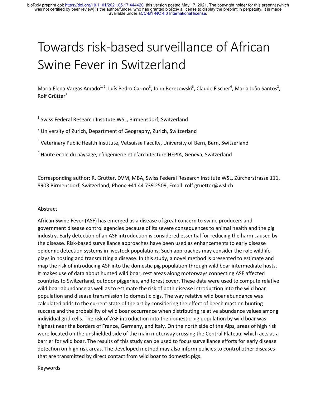 Towards Risk-Based Surveillance of African Swine Fever in Switzerland