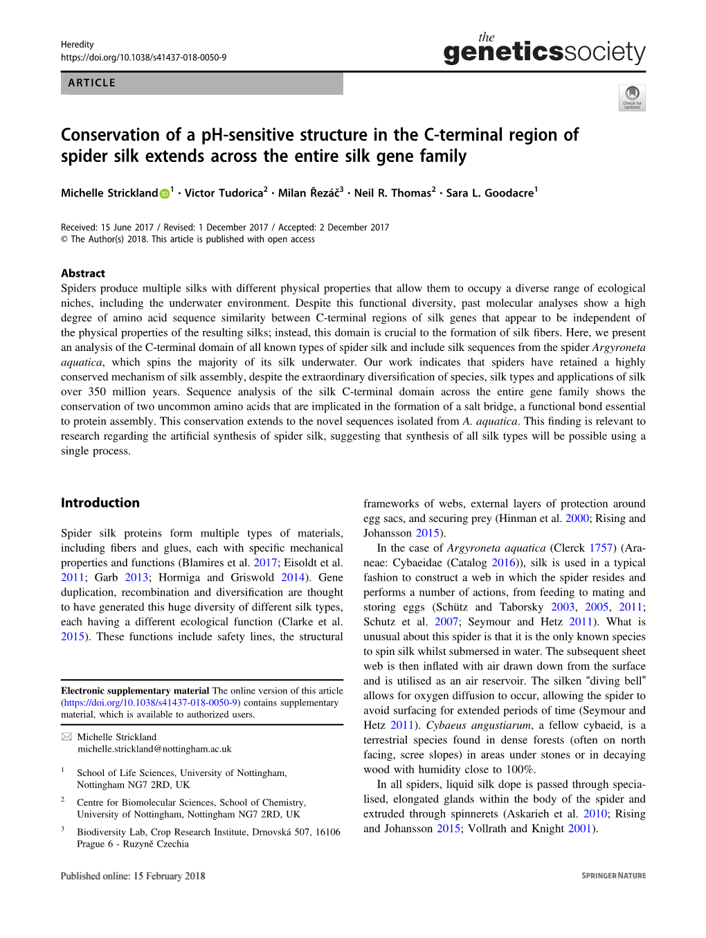 Conservation of a Ph-Sensitive Structure in the C-Terminal Region of Spider Silk Extends Across the Entire Silk Gene Family