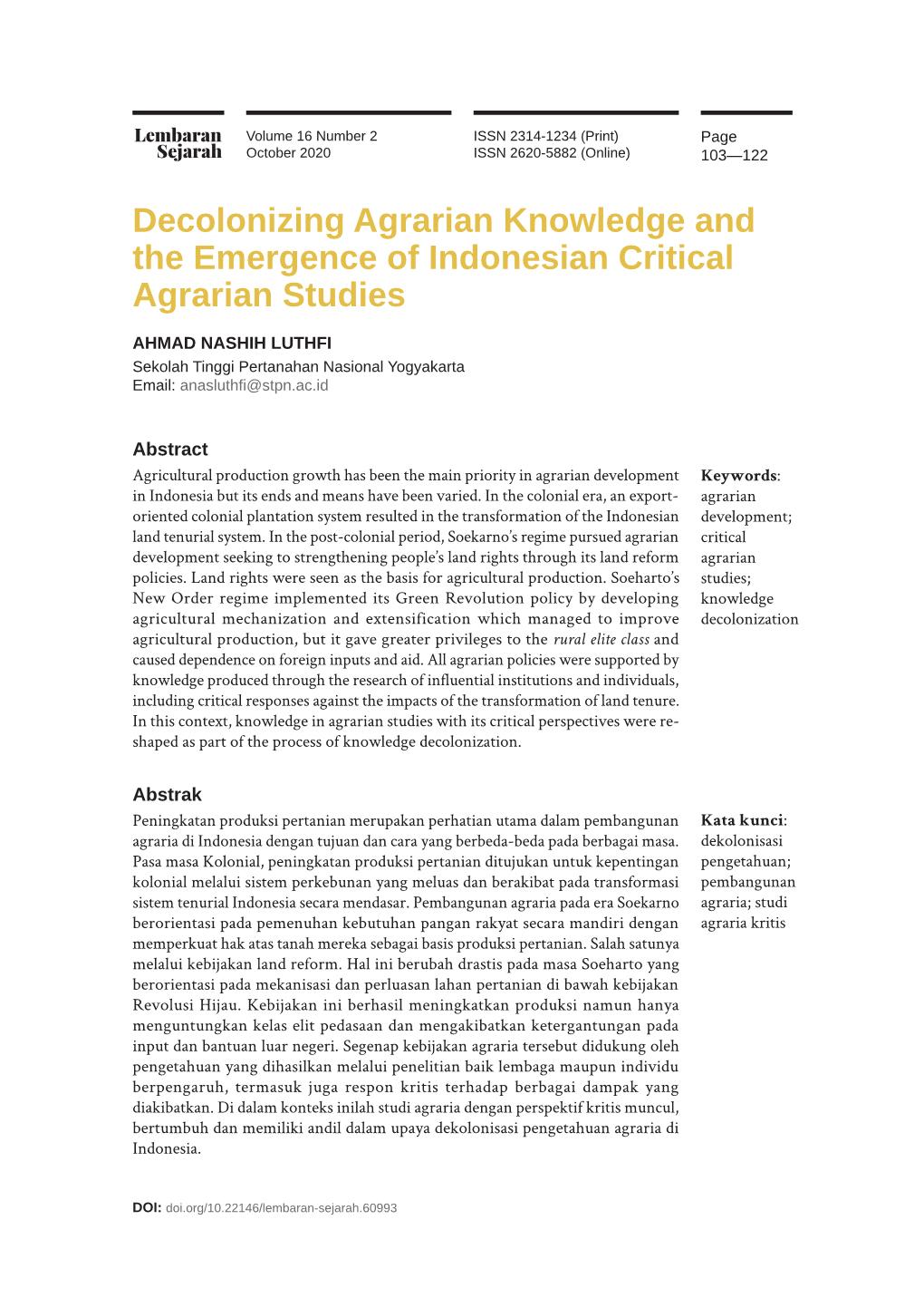 Decolonizing Agrarian Knowledge and the Emergence of Indonesian Critical Agrarian Studies
