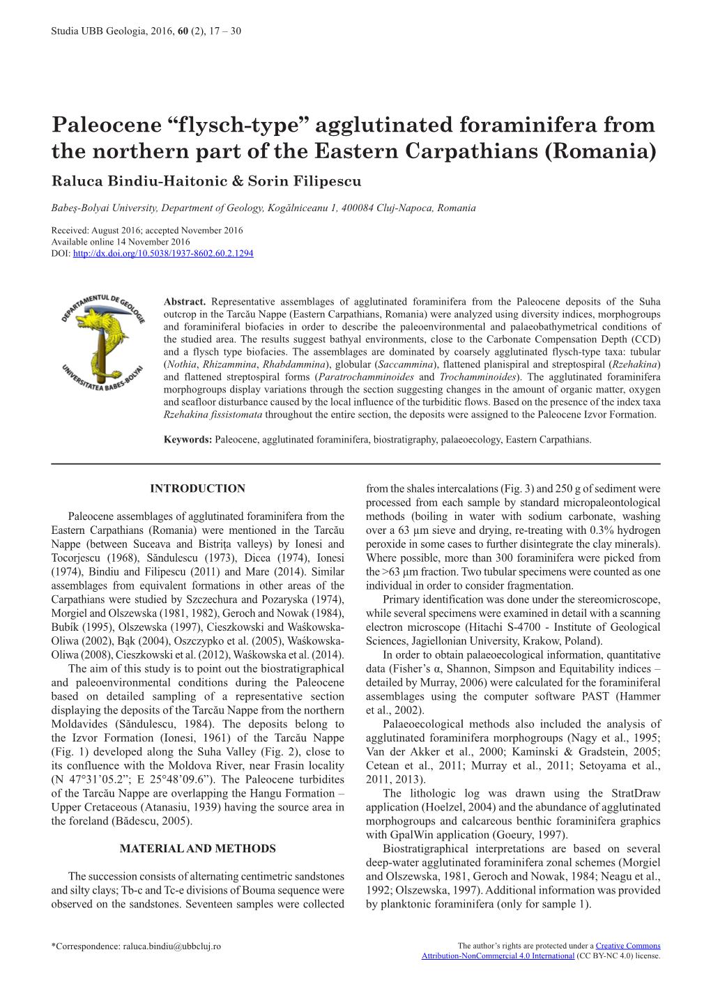 Agglutinated Foraminifera from the Northern Part of the Eastern Carpathians (Romania) Raluca Bindiu-Haitonic & Sorin Filipescu