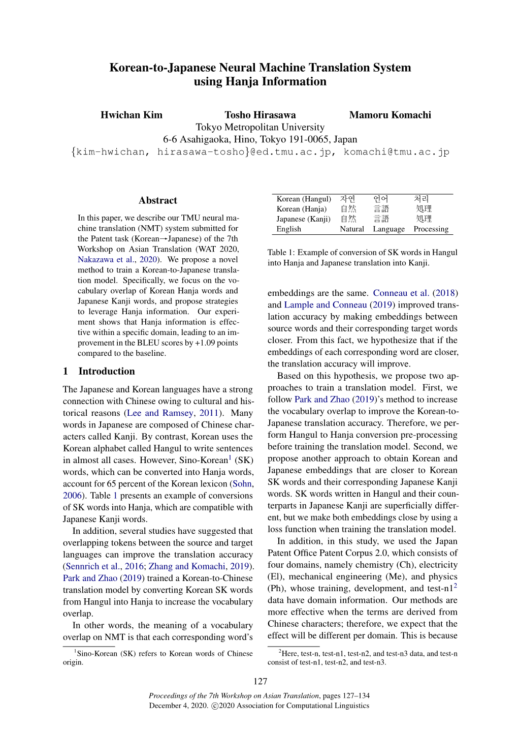 Korean-To-Japanese Neural Machine Translation System Using Hanja Information