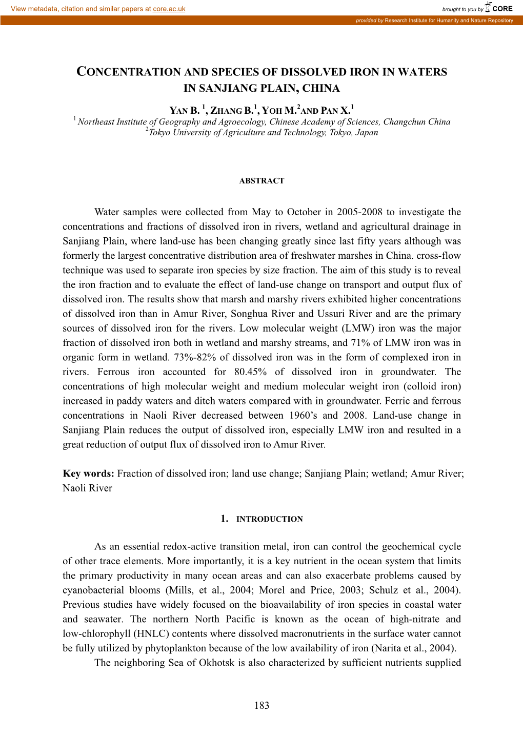 Concentration and Species of Dissolved Iron in Waters in Sanjiang Plain, China