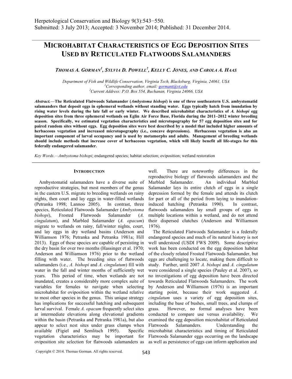 Microhabitat Characteristics of Egg Deposition Sites Used by Reticulated Flatwoods Salamanders