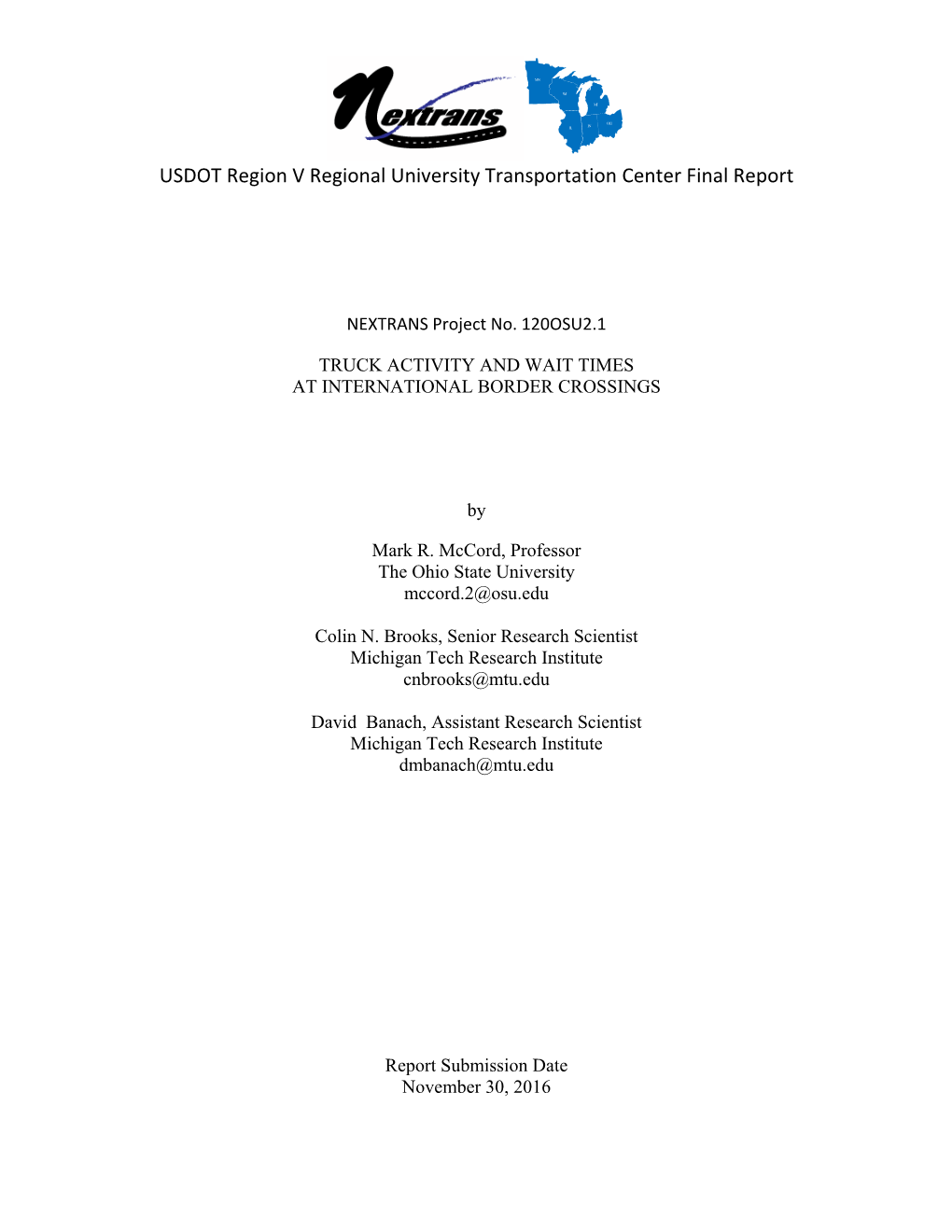 USDOT Region V Regional University Transportation Center Final Report