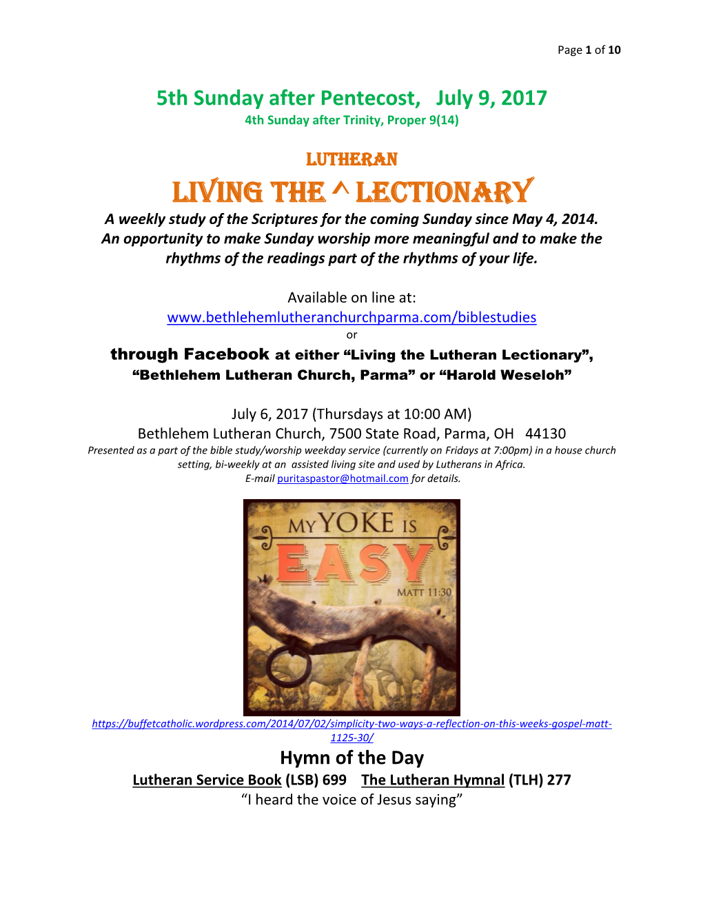 Living the ^ Lectionary a Weekly Study of the Scriptures for the Coming Sunday Since May 4, 2014