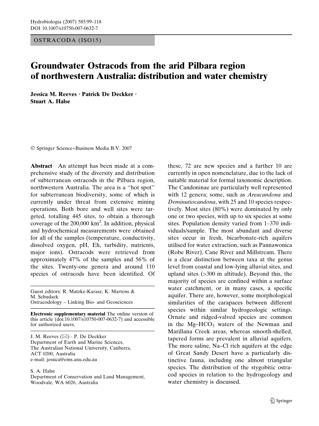 Groundwater Ostracods from the Arid Pilbara Region of Northwestern Australia: Distribution and Water Chemistry