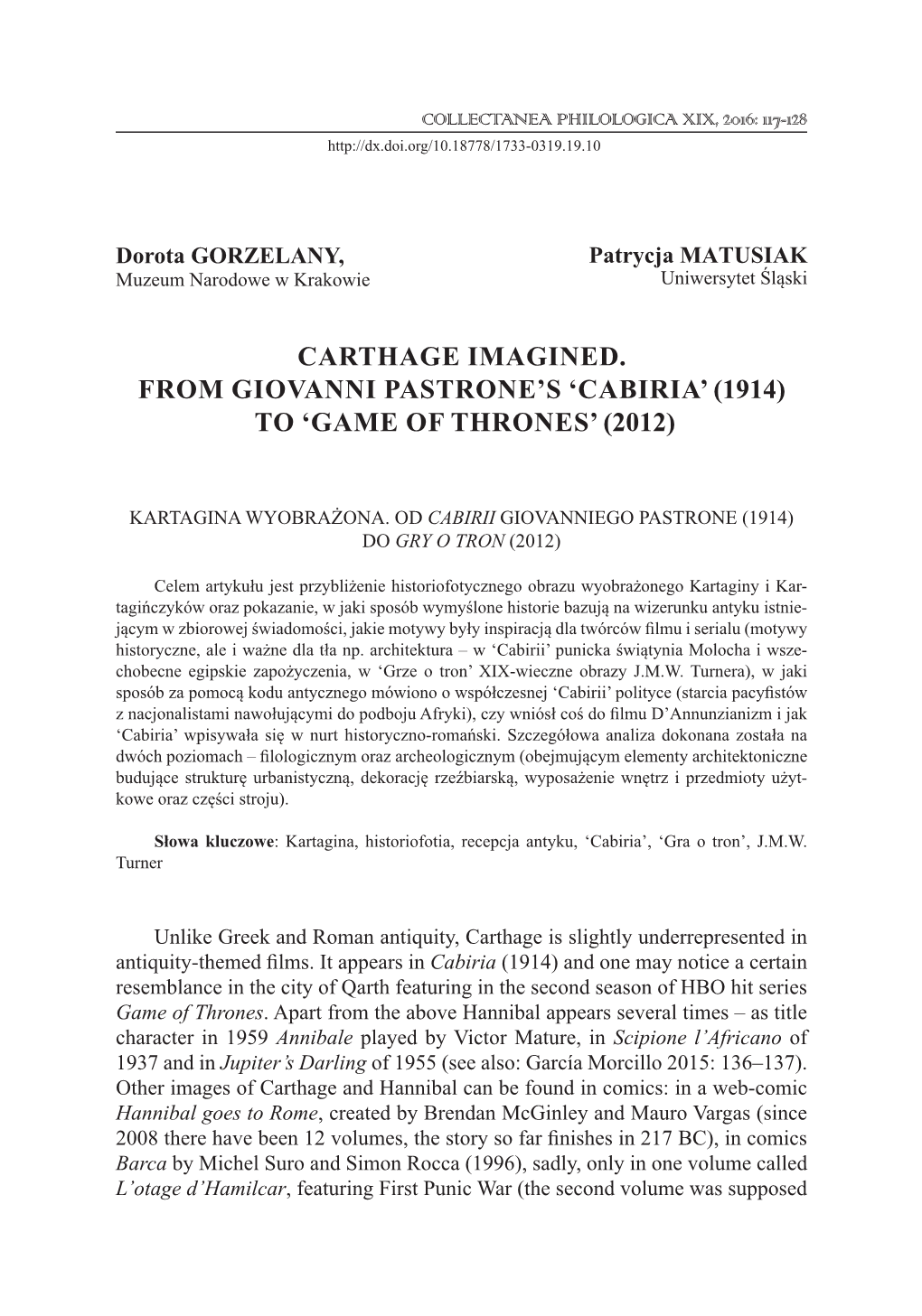 Carthage Imagined. from Giovanni Pastroneâ•Žs Cabiria