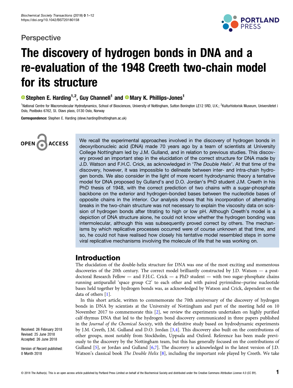 The Discovery of Hydrogen Bonds in DNA and a Re-Evaluation of the 1948 Creeth Two-Chain Model for Its Structure