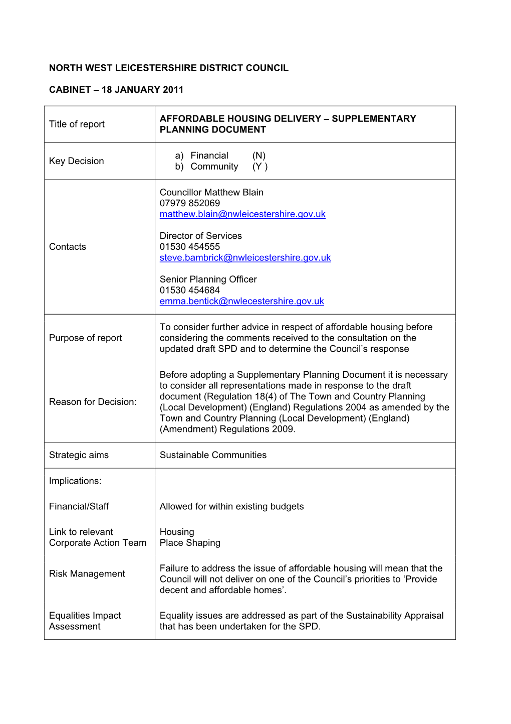 18 JANUARY 2011 Title of Report AFFORDABLE HOUSING DELIVERY