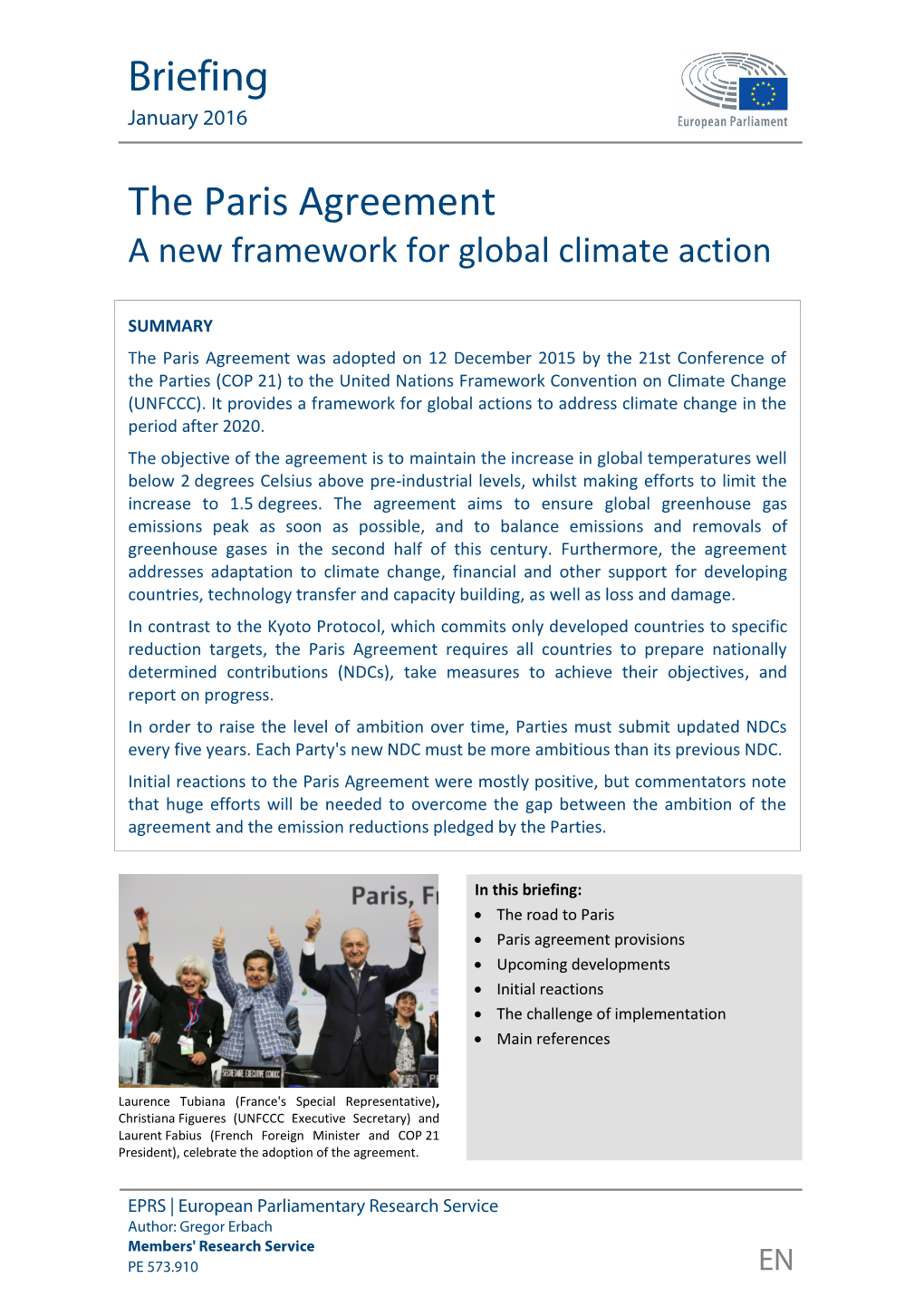 The Paris Agreement a New Framework for Global Climate Action