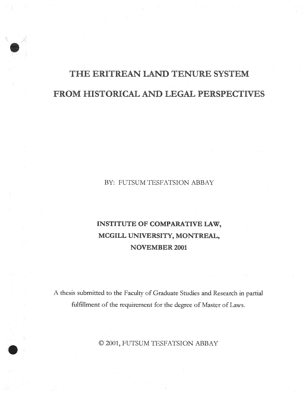 The Eritrean Land Tenure System from Historical And