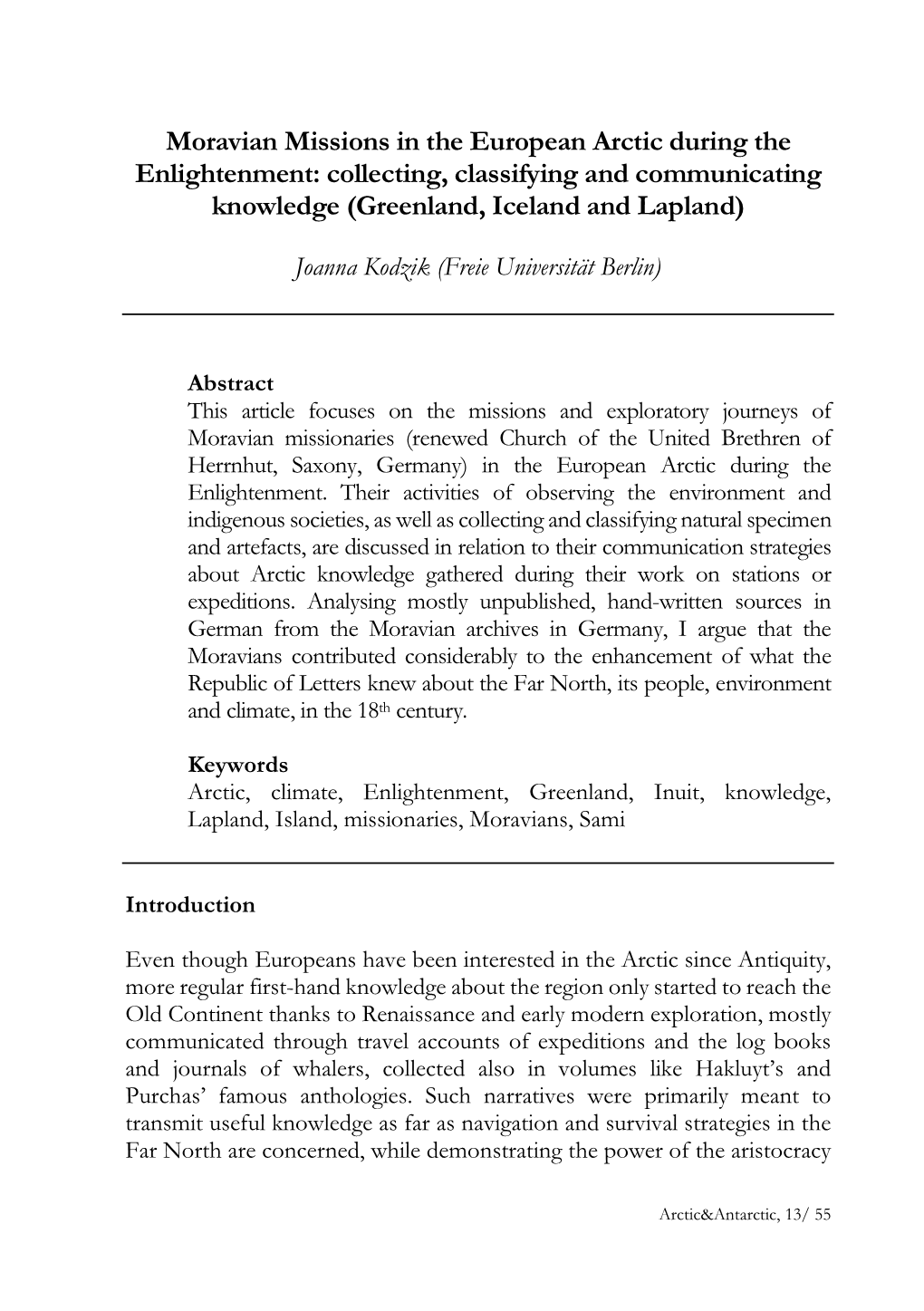 Moravian Missions in the European Arctic During the Enlightenment: Collecting, Classifying and Communicating Knowledge (Greenland, Iceland and Lapland)