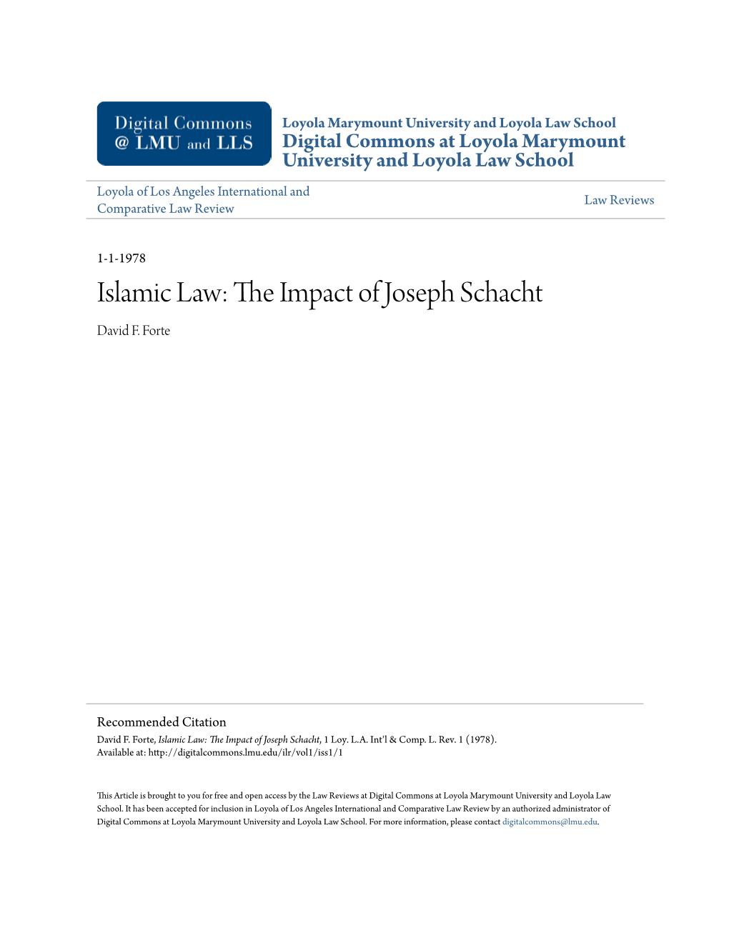 Islamic Law: the Impact of Joseph Schacht, 1 Loy