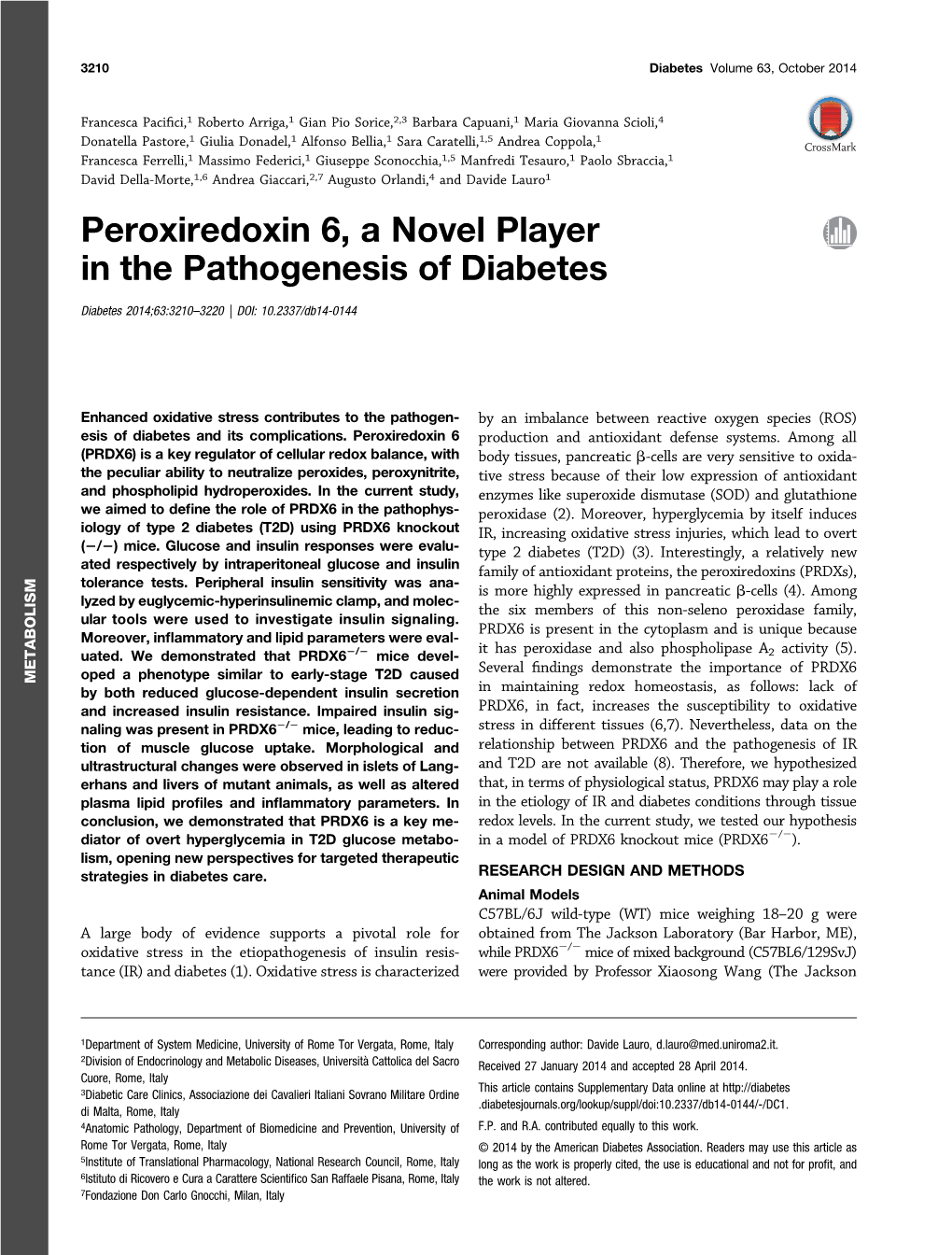 Peroxiredoxin 6, a Novel Player in the Pathogenesis of Diabetes