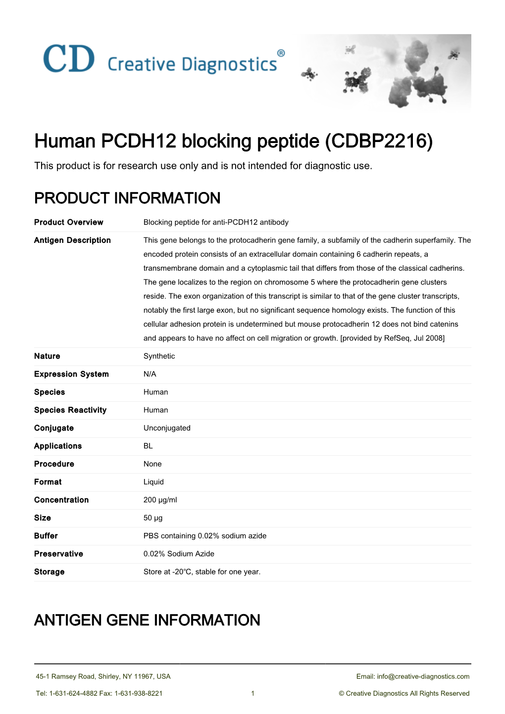 Human PCDH12 Blocking Peptide (CDBP2216) This Product Is for Research Use Only and Is Not Intended for Diagnostic Use