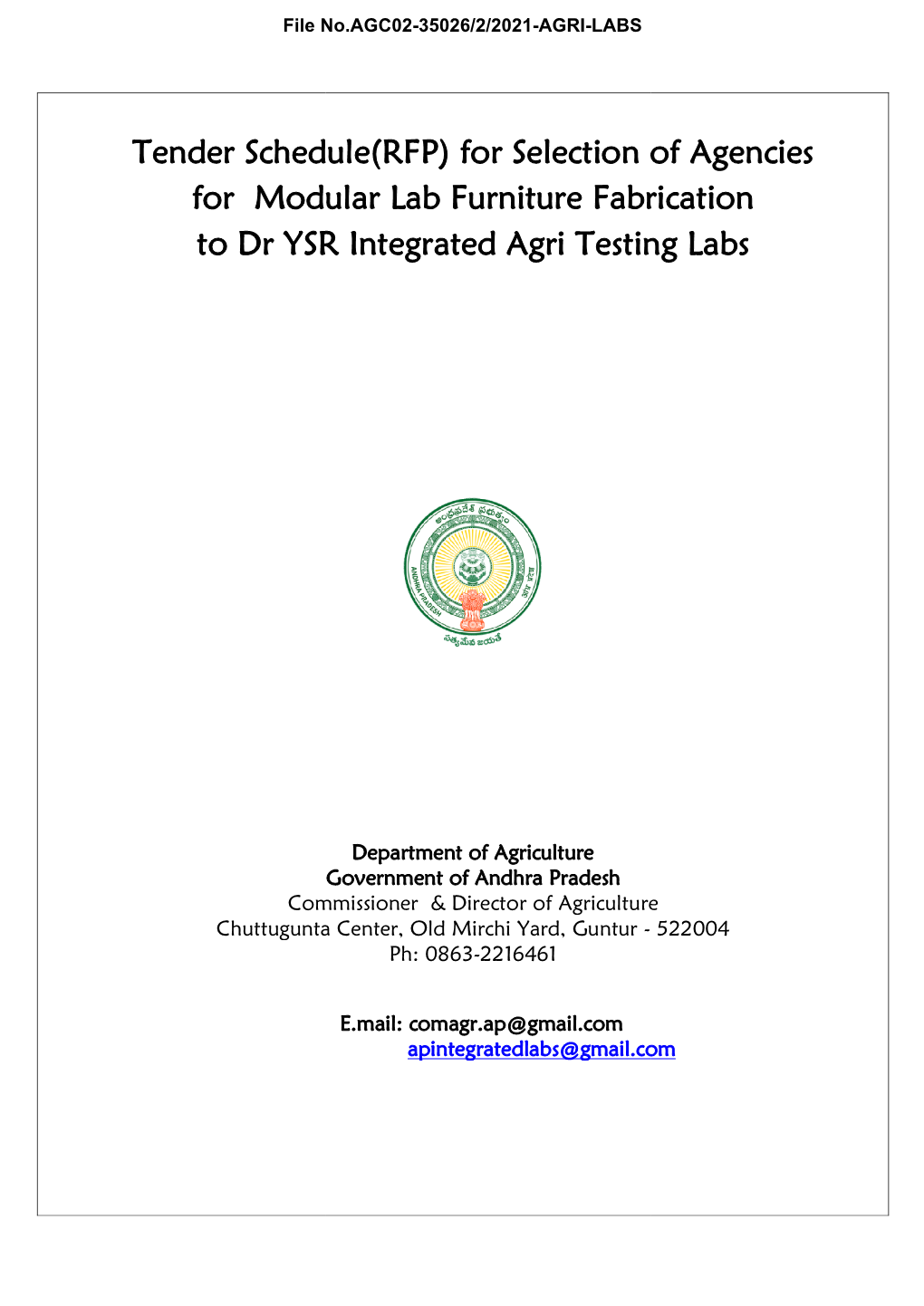 For Modular Lab Fur to Dr YSR Integrated Nder Schedule(RFP)