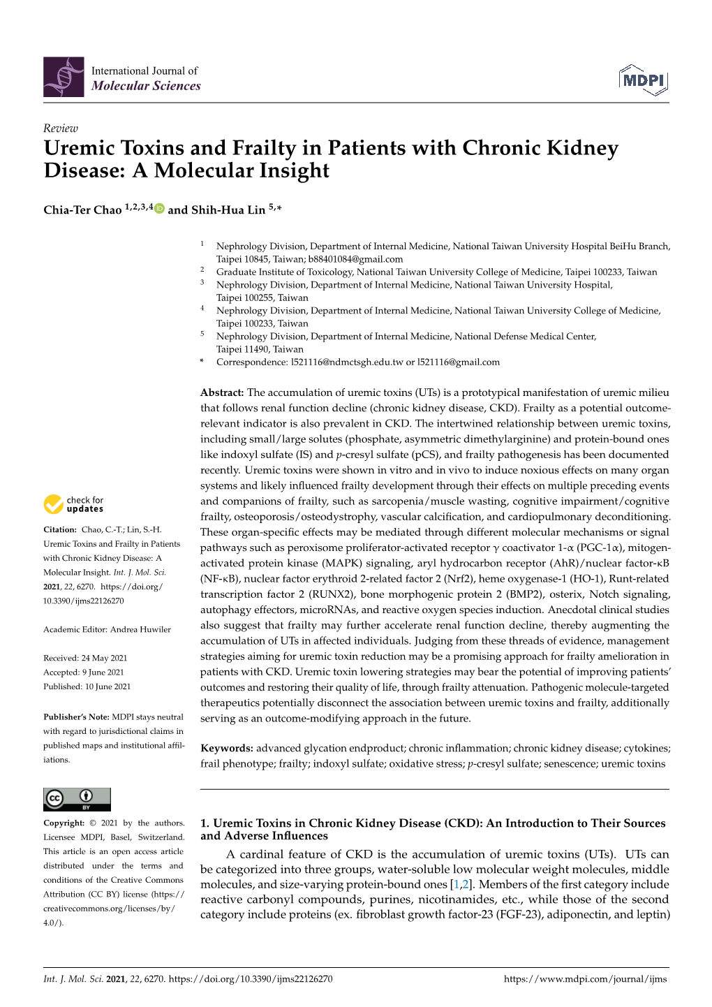Uremic Toxins and Frailty in Patients with Chronic Kidney Disease: a Molecular Insight