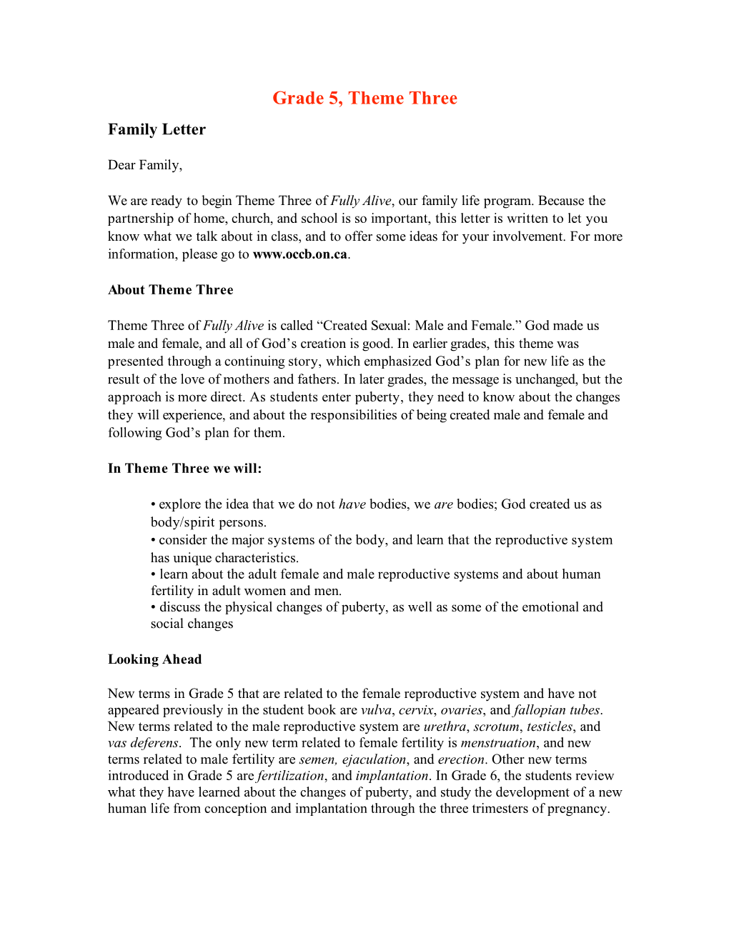 Grade 5, Theme Three Family Letter
