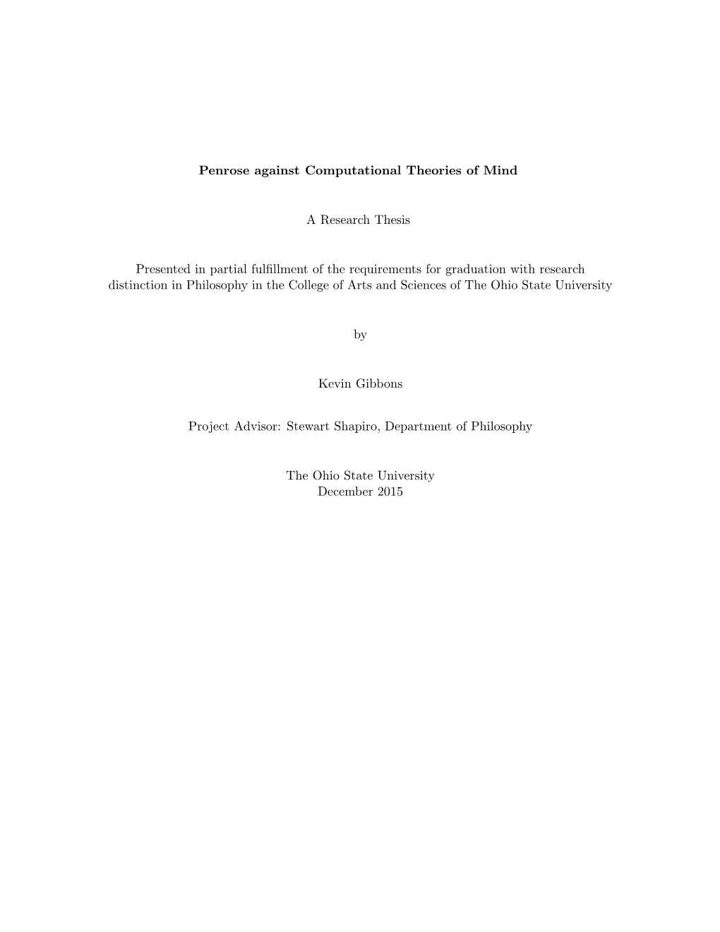 Penrose Against Computational Theories of Mind a Research